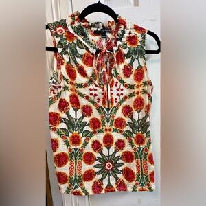 Harve Benard Floral Ruffle Neck Sleeveless Top in Cream, Red, Green